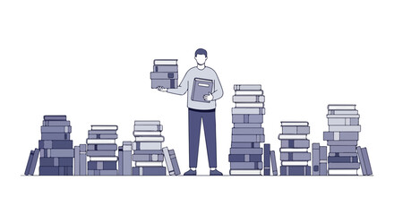 Person Surrounded by Piles of Books Representing Extensive Knowledge and Scholarly Pursuits in Education and Learning Environment
