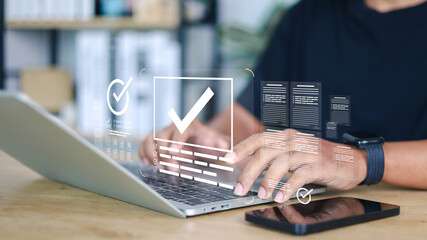 Businessman showing online document validation icon, quality assessment management With a checklist, business document evaluation process, market data report analysis and consulting.