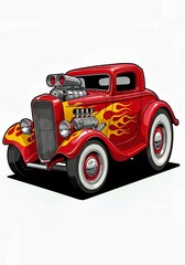 red car isolated on white, 2D car illustration of a hot rod car with flames painted on the sides, fast and classic, white background