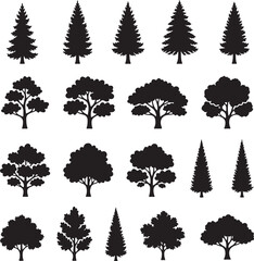 Trees Silhouette: A collection of diverse trees, meticulously crafted in silhouette against a stark backdrop, offering a versatile resource for design.