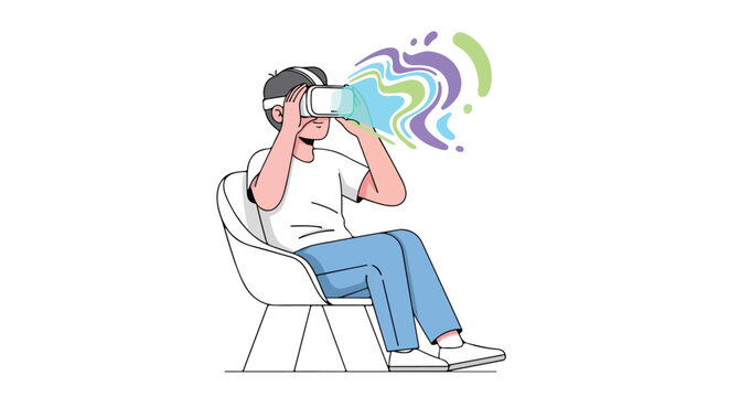 Man experiencing virtual reality with colorful abstract elements, seated in a minimalist chair, symbolizing immersive digital experiences and