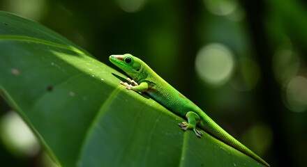 Fototapeta premium Vibrant green lizard perched on a large leaf outdoors under natural sunlight