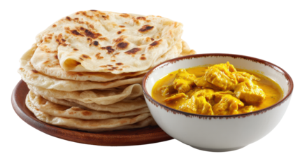 Delicious flatbreads served with flavorful chicken curry, perfect for a hearty meal.