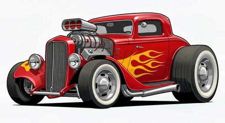 red car isolated on white, 2D car illustration of a hot rod car with flames painted on the sides, fast and classic, white background