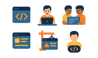 Coding and development flat icons with programmers and interfaces