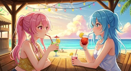 Two anime women enjoying drinks on a tropical beach at sunset