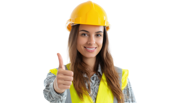 Female construction worker in safety gear giving a thumbs up, isolated on a white background.