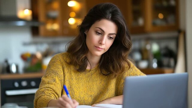 A young woman attending an online training session focused on digital management modules displayed on her laptop pen and notebook at hand for notes cozy home environment with