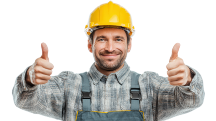 Happy construction worker giving thumbs up, isolated on white background.