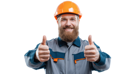 Happy construction worker giving thumbs up in safety gear, smiling, positive attitude, isolated background.