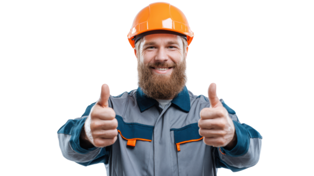 Happy construction worker giving thumbs up in safety gear, smiling, positive attitude, isolated background.
