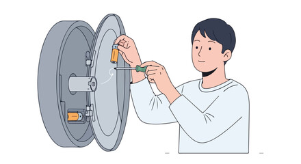 Illustration of a man changing batteries in a circular device, highlighting do it yourself repairs and routine household maintenance
