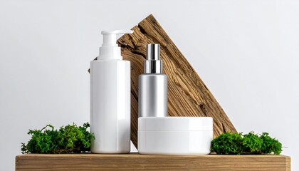 Natural cosmetic products display with white bottles wood and green moss.