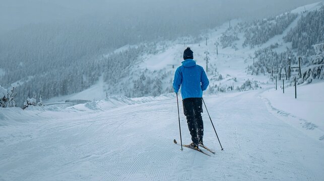 Person cross-country skiing uphill, snowy mountains