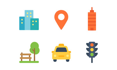 Urban elements collection featuring buildings, transportation, and nature in flat design