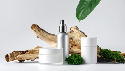 Organic skincare product set with blank white containers driftwood moss and a green leaf on a white background.