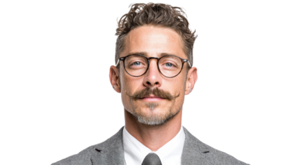 Portrait of a confident man with glasses and a stylish mustache, dressed in a suit, white isolated background.