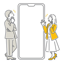 スマホの画面を見ながら喜ぶビジネスパーソン　シンプルでお洒落な線画イラスト