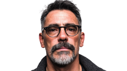 Portrait of a mature man with glasses and a serious expression, white isolated background.