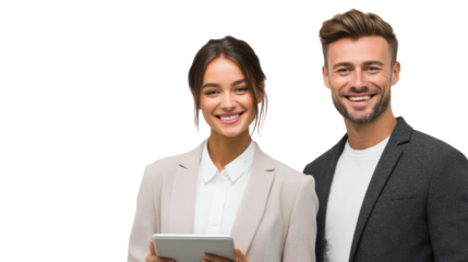 Professional couple smiling and using a tablet, isolated on white background.