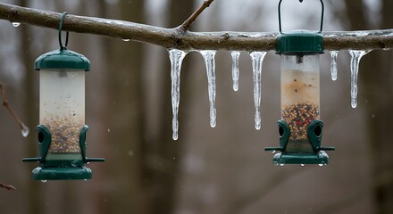 Two bird feeders hanging from a tree branch with icicles winter scene