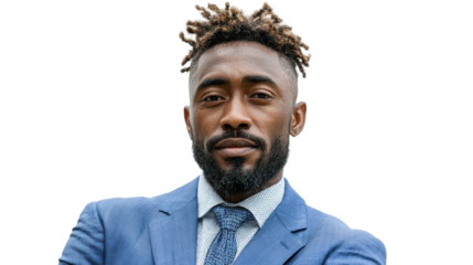 Professional man in a suit with confident expression, isolated on a white background.