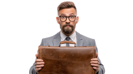 Professional man in suit holding a briefcase, looking confident and ready for work, isolated on white background.