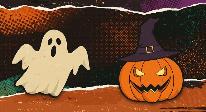 Spooky halloween graphic ghost and pumpkin with witch hat on torn paper