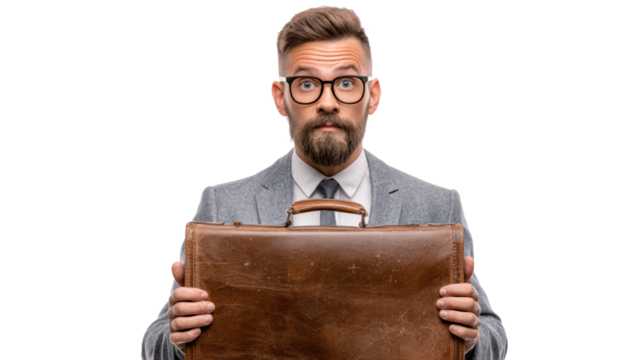 Professional man in suit holding a briefcase, looking confident and ready for work, isolated on white background.