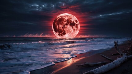 A breathtaking view of a blood moon rising over the ocean, casting a crimson glow on the waves and creating a surreal and captivating scene