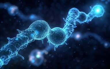 Microscopic cells, glowing blue, scientific illustration