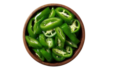 Sliced green chilies in a wooden bowl on a white isolated background.