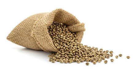 Burlap sack spilling hemp seeds onto a white background