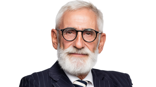 Smartly dressed elderly man with glasses, showcasing wisdom and experience, portrait on white isolated background.