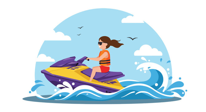 Woman riding a yellow and purple jet ski on wavy blue water.