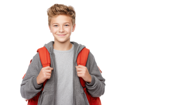 Smiling boy with a backpack standing confidently, isolated on a white background. - Powered by Adobe