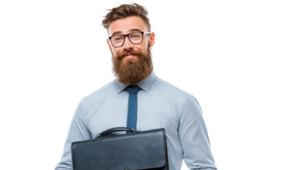 Smiling businessman with glasses holding a briefcase, dressed in formal attire, on a white isolate background.