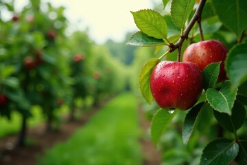 Obraz premium Ripe red apples glistening with raindrops hang from a branch in a lush orchard, showcasing the vibrant beauty of nature's bounty.