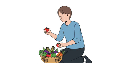 Young adult examining freshly harvested vegetables in a basket brimming with wholesome produce displays healthy eating habits promotes conscious