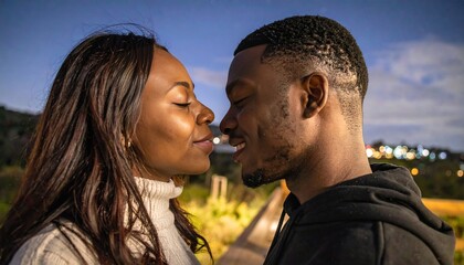 Romantic Black Couple Sharing an Intimate Moment Under the Night Sky with City Lights.