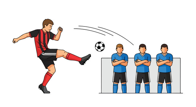 Illustrative depiction of a football free kick scenario showcasing a player kicking the ball towards a defensive wall