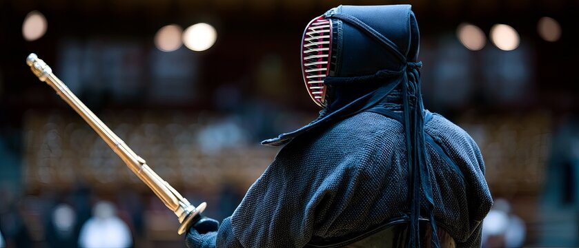 Kendo athlete in protective gear, holding a shinai