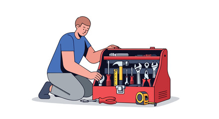 Handyman examining toolbox filled with various tools, isolated on a clean white backdrop showcasing craftsmanship