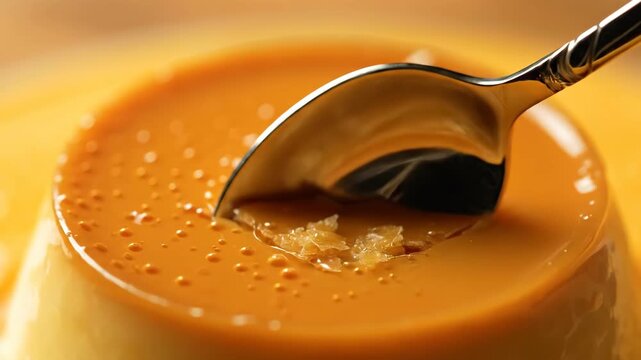 Extreme Close-Up: A Spoon Dips into a Silky Smooth Golden Caramel Flan Dessert