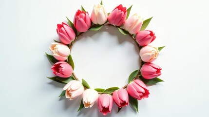 A delicate wreath of pink and white tulips arranged in a circular frame, perfect for spring celebrations or romantic events.