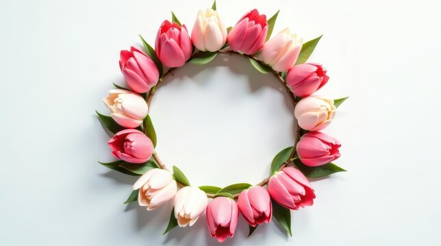 A delicate wreath of pink and white tulips arranged in a circular frame, perfect for spring celebrations or romantic events.