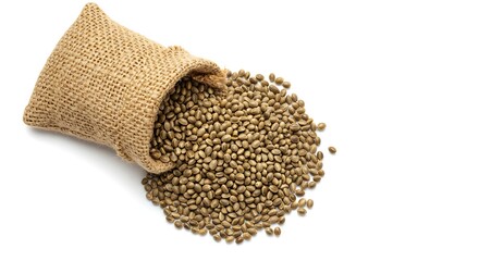 Burlap sack spilling nutritious hemp seeds onto a clean white background