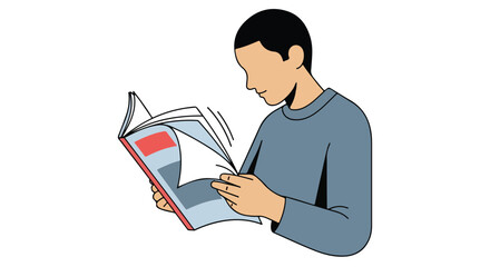 Vector illustration of a person absorbed in reading a magazine on a white background showcasing informational engagement