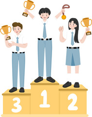 students stand at winner podium