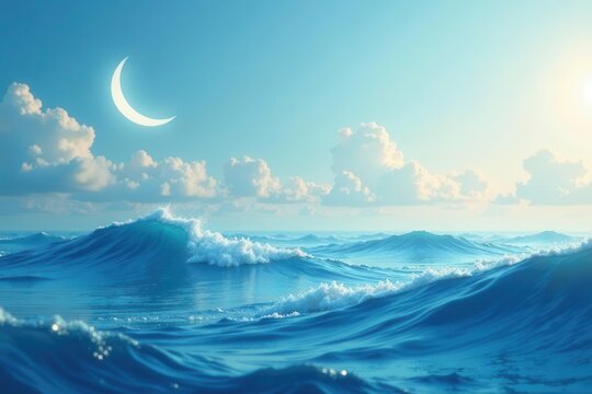 Serene ocean waves rolling under a crescent moon and a tranquil sky